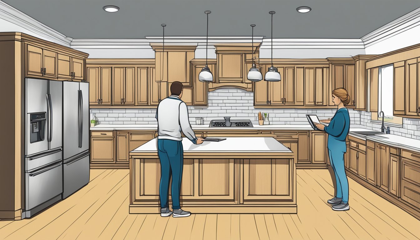 A customer browsing through various styles of kitchen cabinets online, comparing prices and features before making a purchase decision