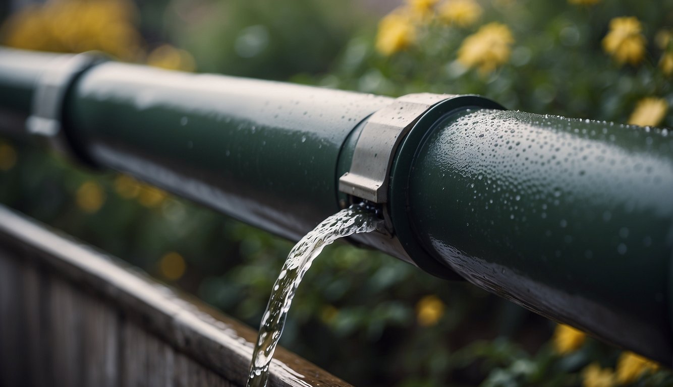 Rainwater flows from gutters into a large barrel. A spigot at the bottom allows for easy access to the collected water. A downspout diverts water into the barrel