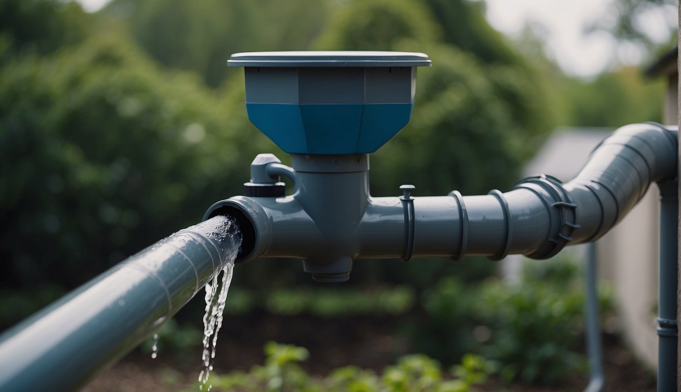 A large barrel collects rainwater from a downspout. A filter prevents debris from entering. A spigot allows for easy access to the stored water