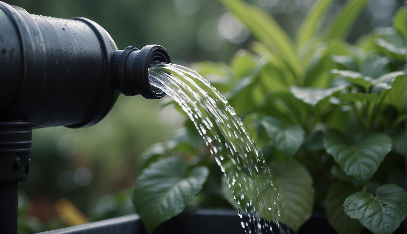 Rainwater cascades from the roof into a large barrel. A hose connects the barrel to a garden, where plants thrive from the collected rain