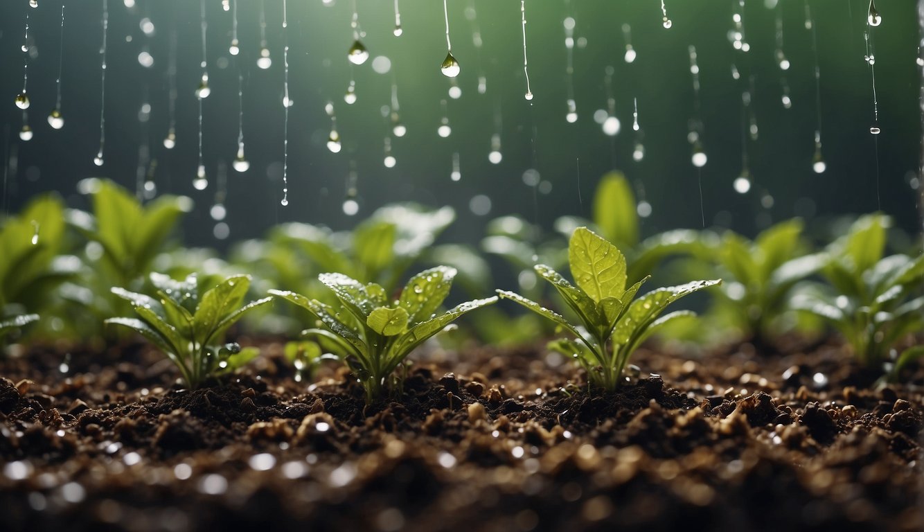Rain falls from the sky into a collection system. Plants and soil surround the system, showing signs of growth and health