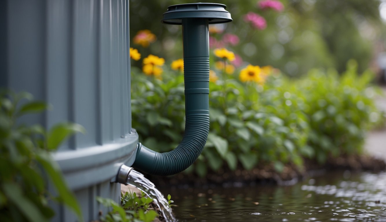A rain barrel positioned under a downspout collects water. A filter prevents debris from entering. A spigot at the bottom allows for easy access