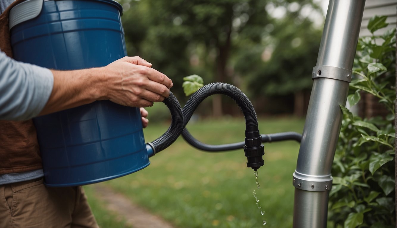 A person connects a rain barrel to a downspout, ensuring it is properly sealed and elevated for easy access. A filter is installed to remove debris, and a hose is attached for distribution