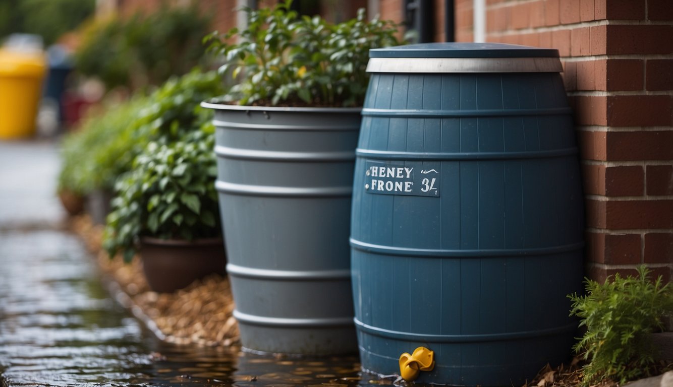 A rain barrel collecting water from a downspout. A sign nearby shows tips for conserving water
