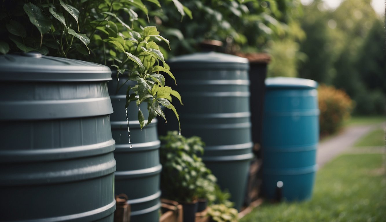 Rain barrels collect water from downspouts. A person can attach a hose to the barrel to water plants or gardens