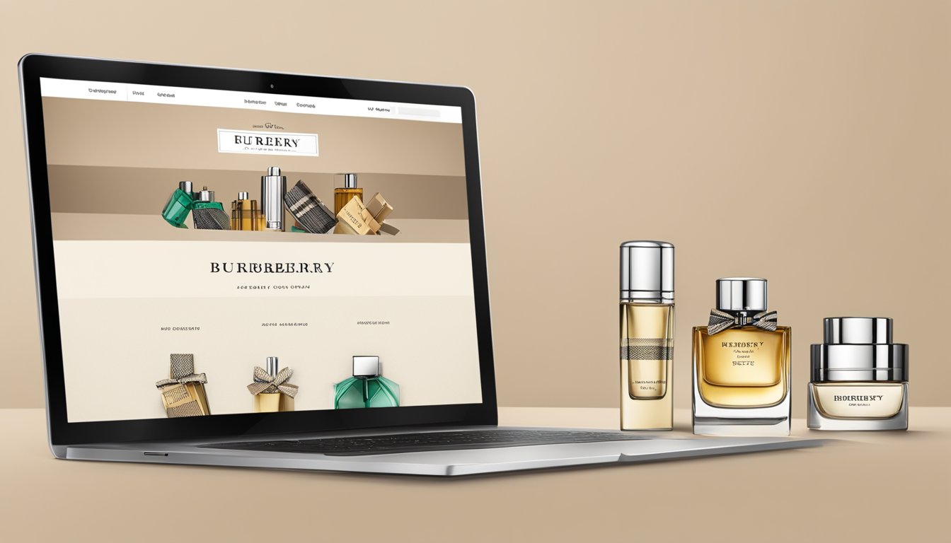 A computer screen displaying a website with the option to purchase Burberry perfume. A cursor hovers over the "add to cart" button