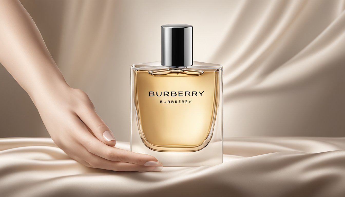 A hand reaches for a bottle of Burberry perfume on a sleek, modern display. The logo shines against a backdrop of soft, luxurious fabrics