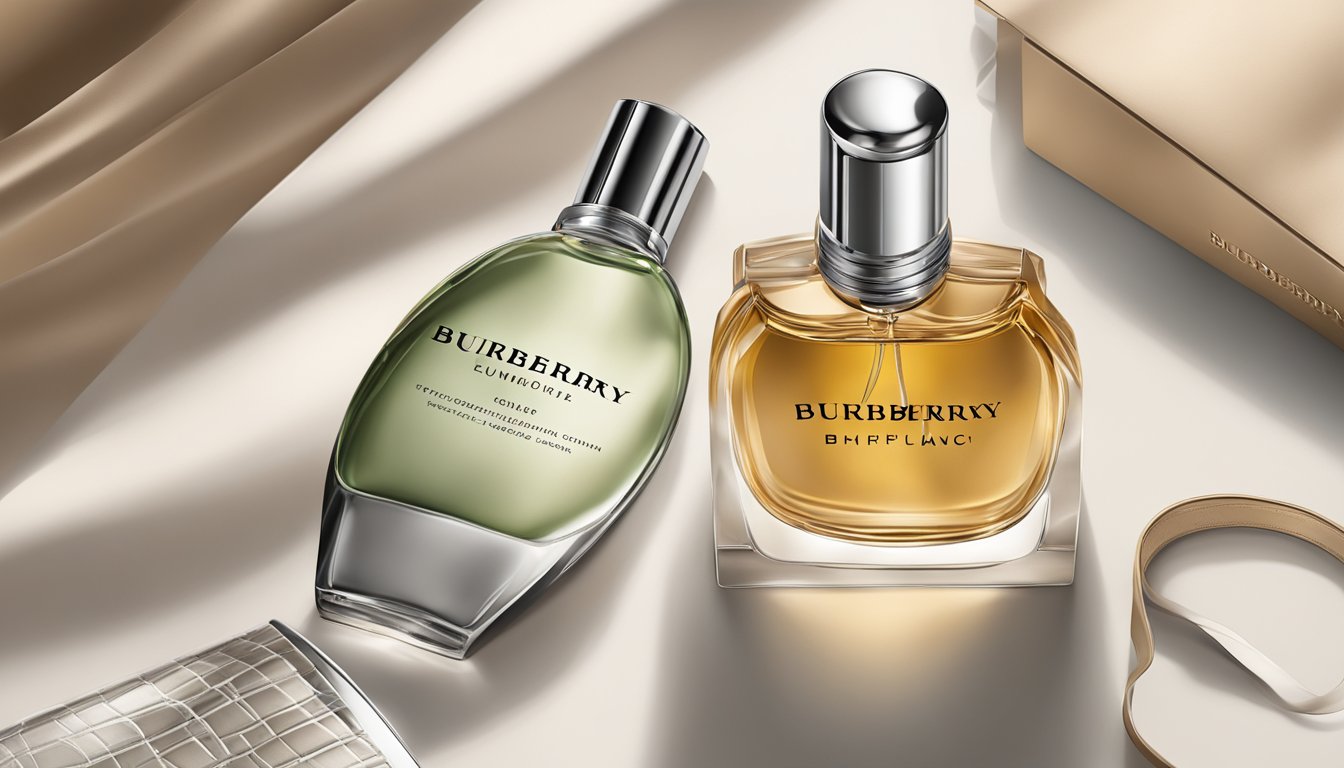 A hand reaches for a bottle of Burberry perfume next to a Burberry accessory, showcasing the brand's luxury and style