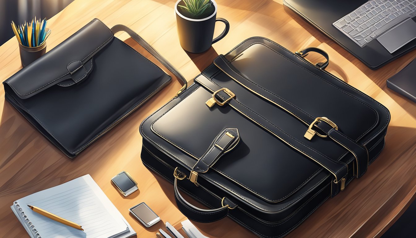 A sleek black briefcase sits on a polished wooden desk, surrounded by office supplies. The sunlight streams through the window, casting a soft glow on the luxurious leather material
