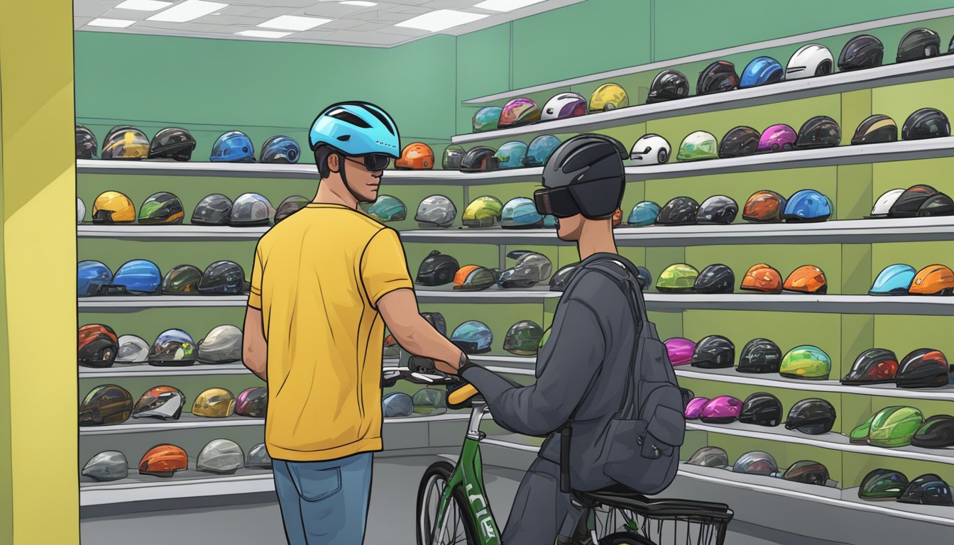 A character purchases a bike helmet in a virtual store in the game "GTA Online."