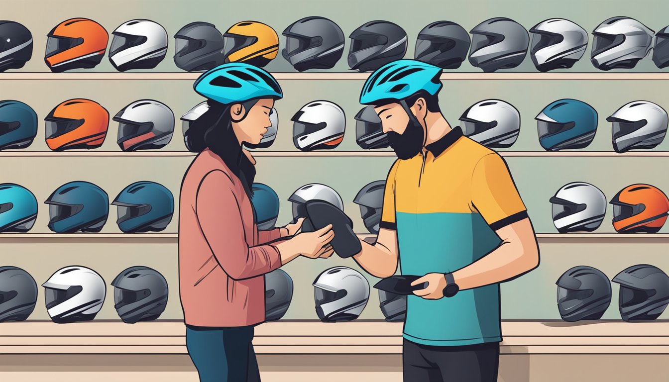 A customer trying on different bike helmets at a store, examining the fit and style before making a purchase