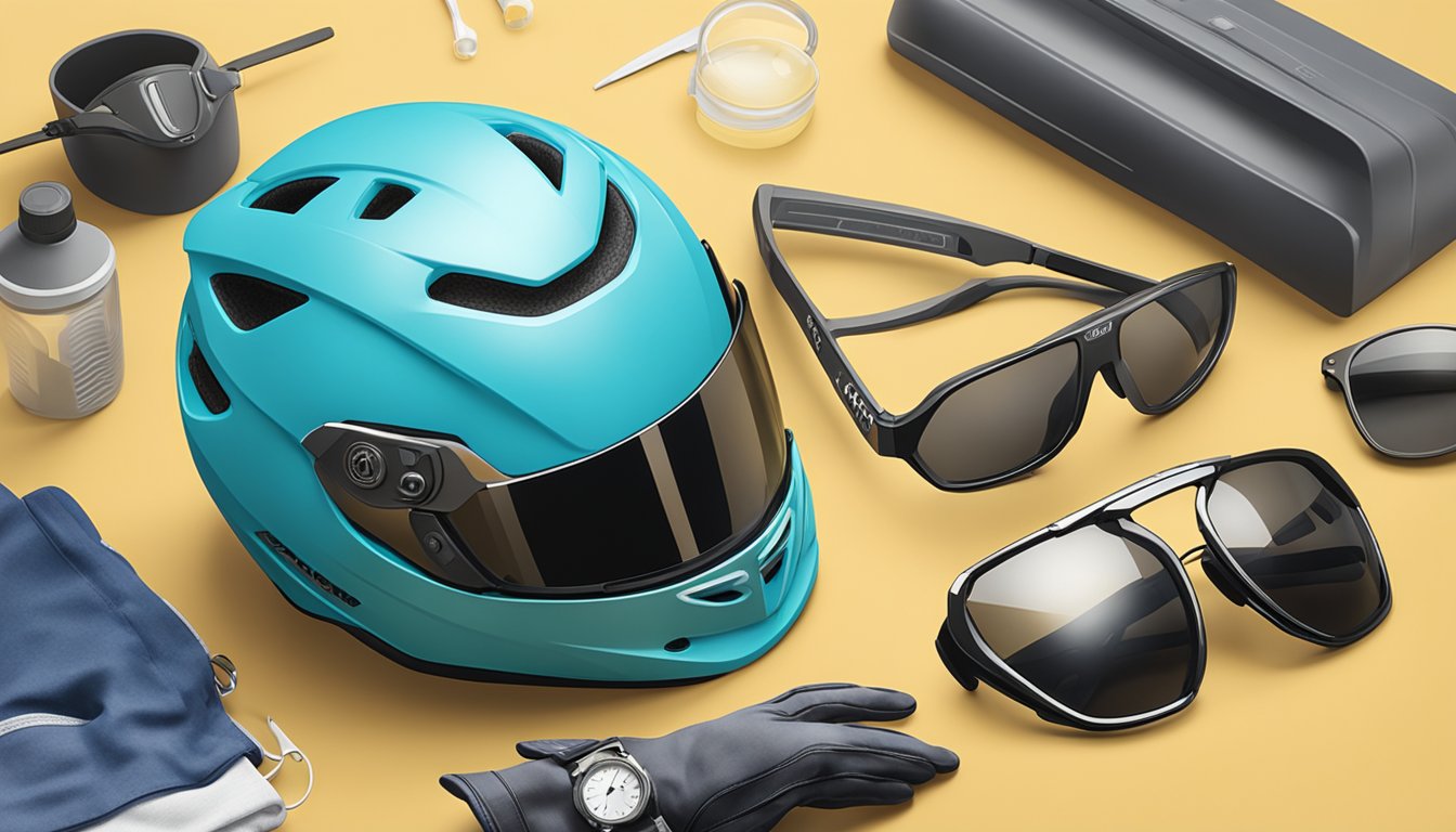 A person placing a bike helmet on a table with various accessories like sunglasses, gloves, and a water bottle nearby