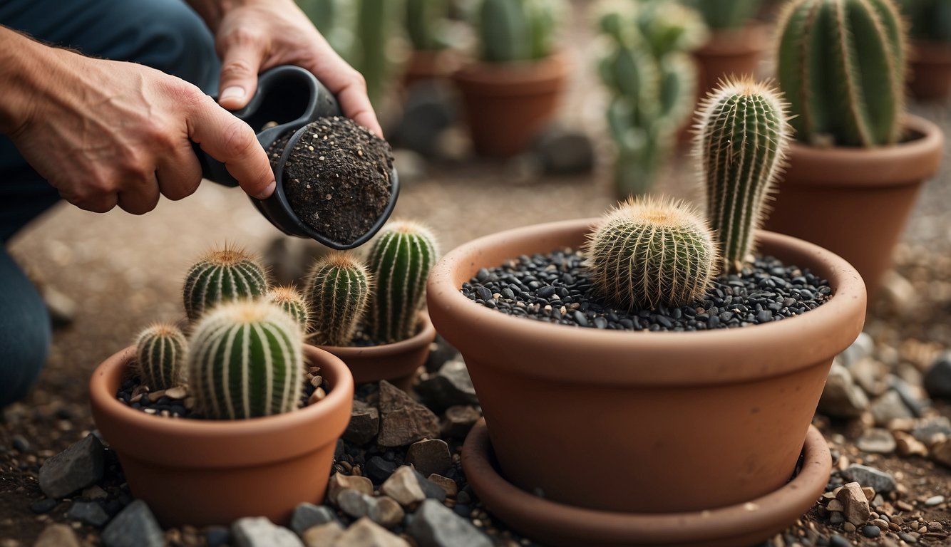 A gardener pours gravel into a cactus pot to improve drainage, preventing root rot