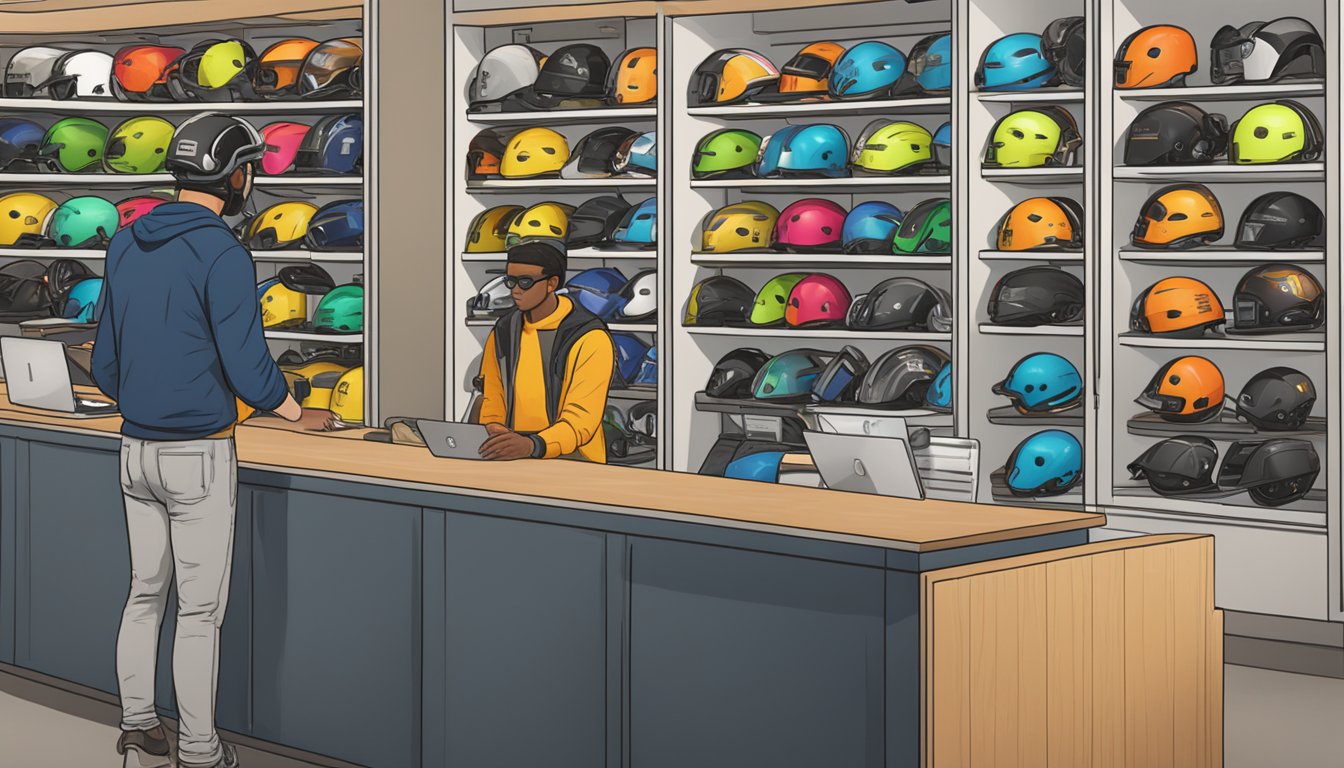 A person browsing through a display of bike helmets with a "Frequently Asked Questions" sign in a GTA online store