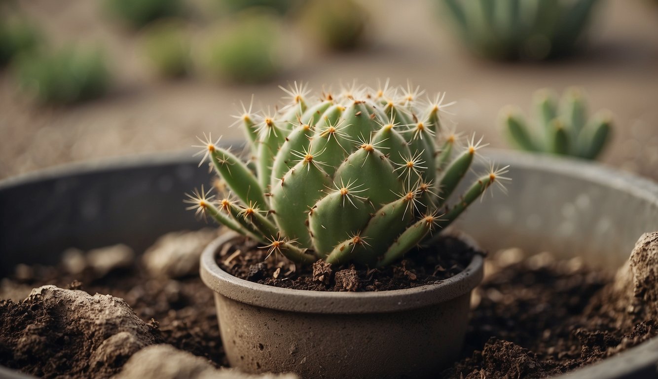 A cactus with wilting, discolored roots in a pot. Surrounding soil appears damp and moldy