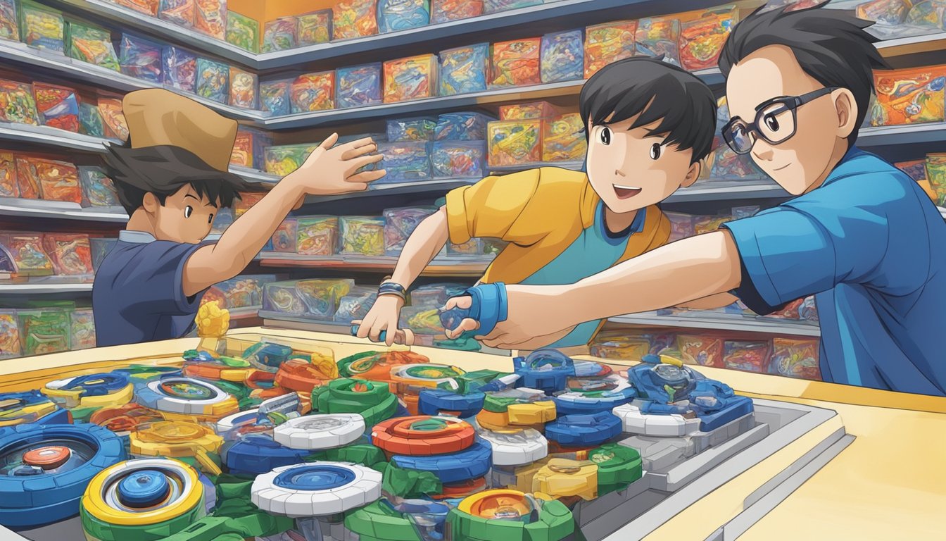 A hand reaching for a Beyblade in a Singapore toy store