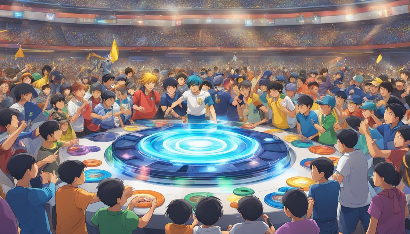 A spinning Beyblade battles in a Singaporean arena, surrounded by cheering fans and colorful merchandise