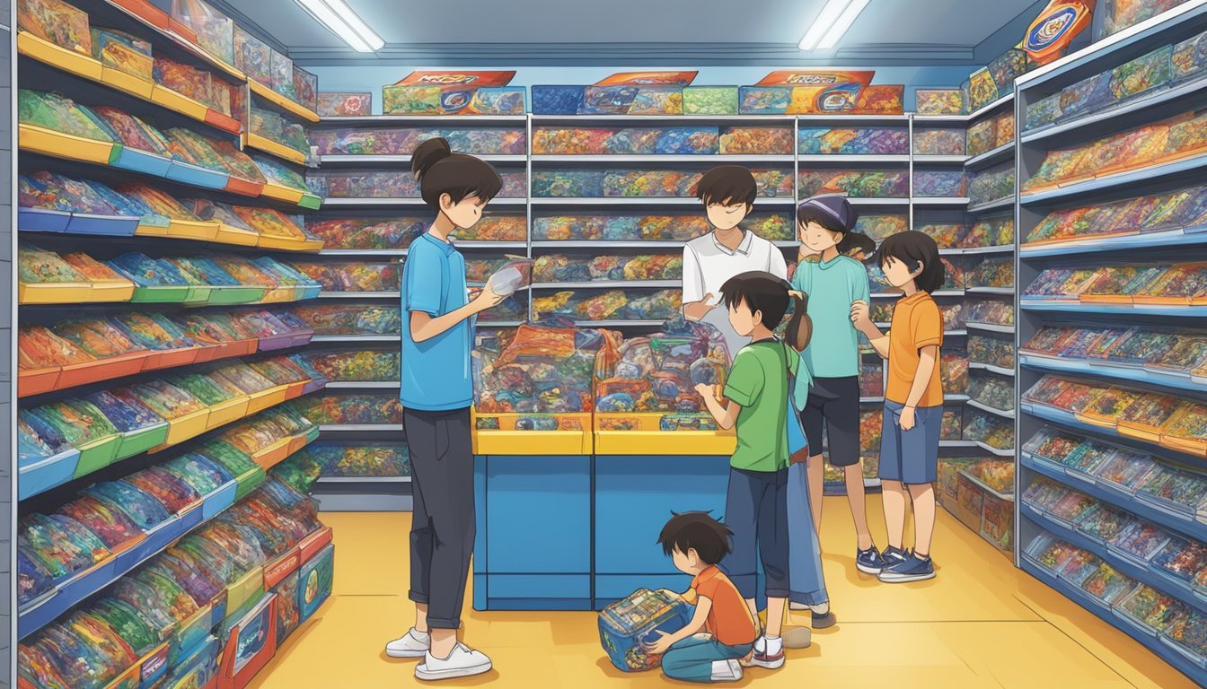 Customers effortlessly browse and purchase Beyblade toys in a modern Singaporean store