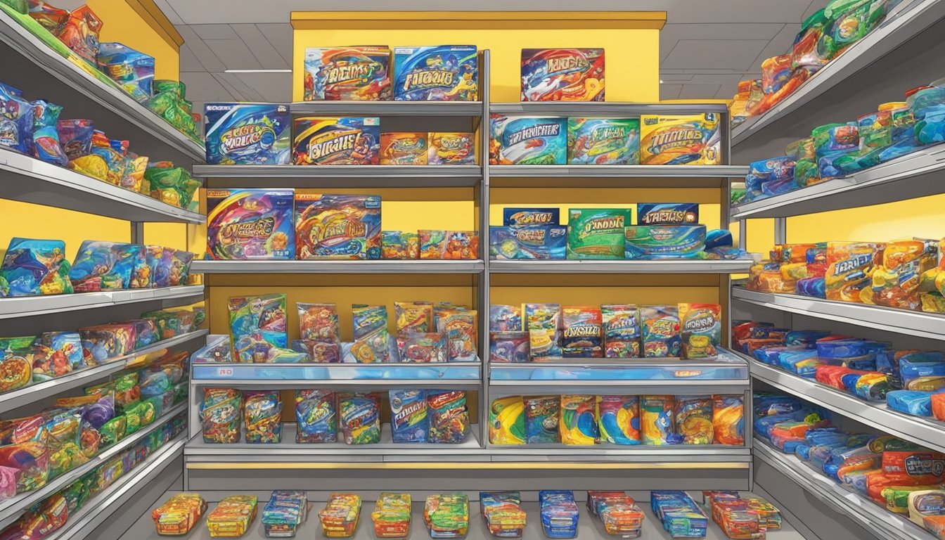 A colorful array of Beyblade toys and accessories displayed on shelves, with a sign reading "Frequently Asked Questions" in a bustling Singapore toy store