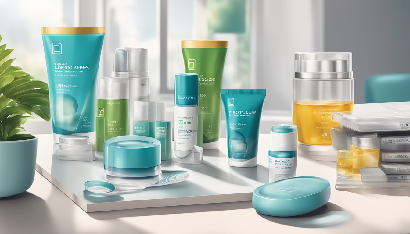 A close-up of Bausch + Lomb contact lenses in their packaging, surrounded by various eye care products and a modern, clean workspace