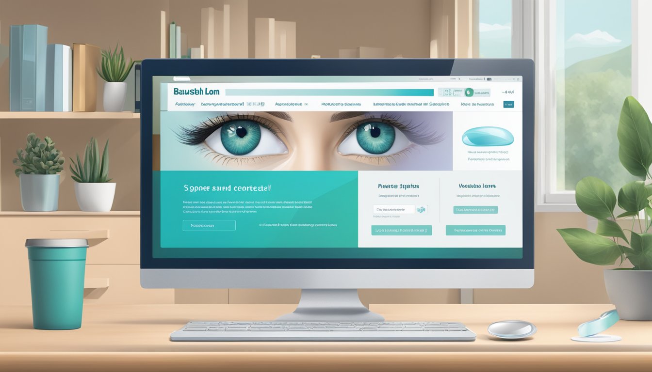A computer screen displaying a website with Bausch and Lomb contact lenses. A package of lenses being delivered to a doorstep