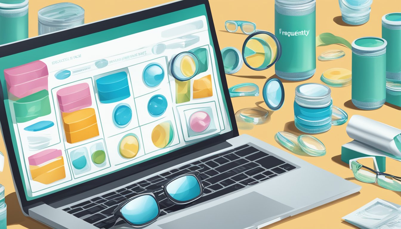 A computer screen displaying a webpage with the title "Frequently Asked Questions buy bausch and lomb contact lenses online" surrounded by various contact lens packaging and a pair of glasses