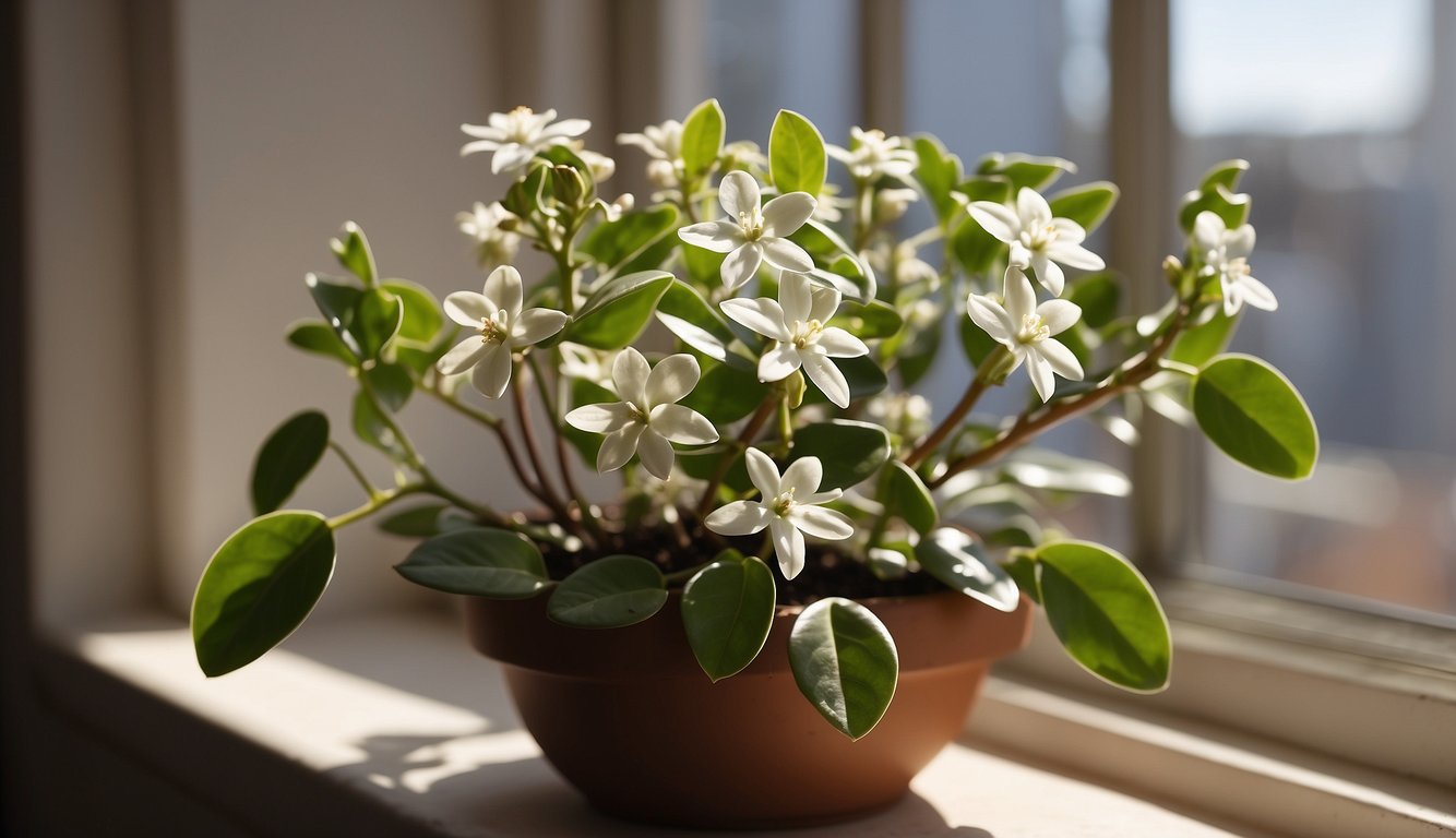 A hoya plant sits on a sunny windowsill, surrounded by well-draining soil and receiving regular but indirect sunlight. A small trellis supports the vine-like stems as they begin to produce clusters of delicate, star-shaped flowers