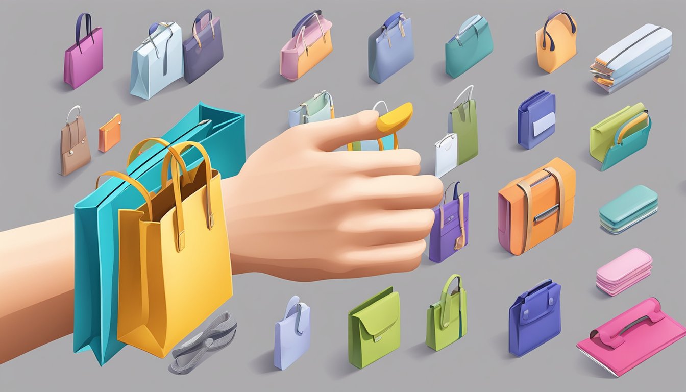A hand reaches for a bag handle among various options displayed online. The handles come in different colors, sizes, and materials