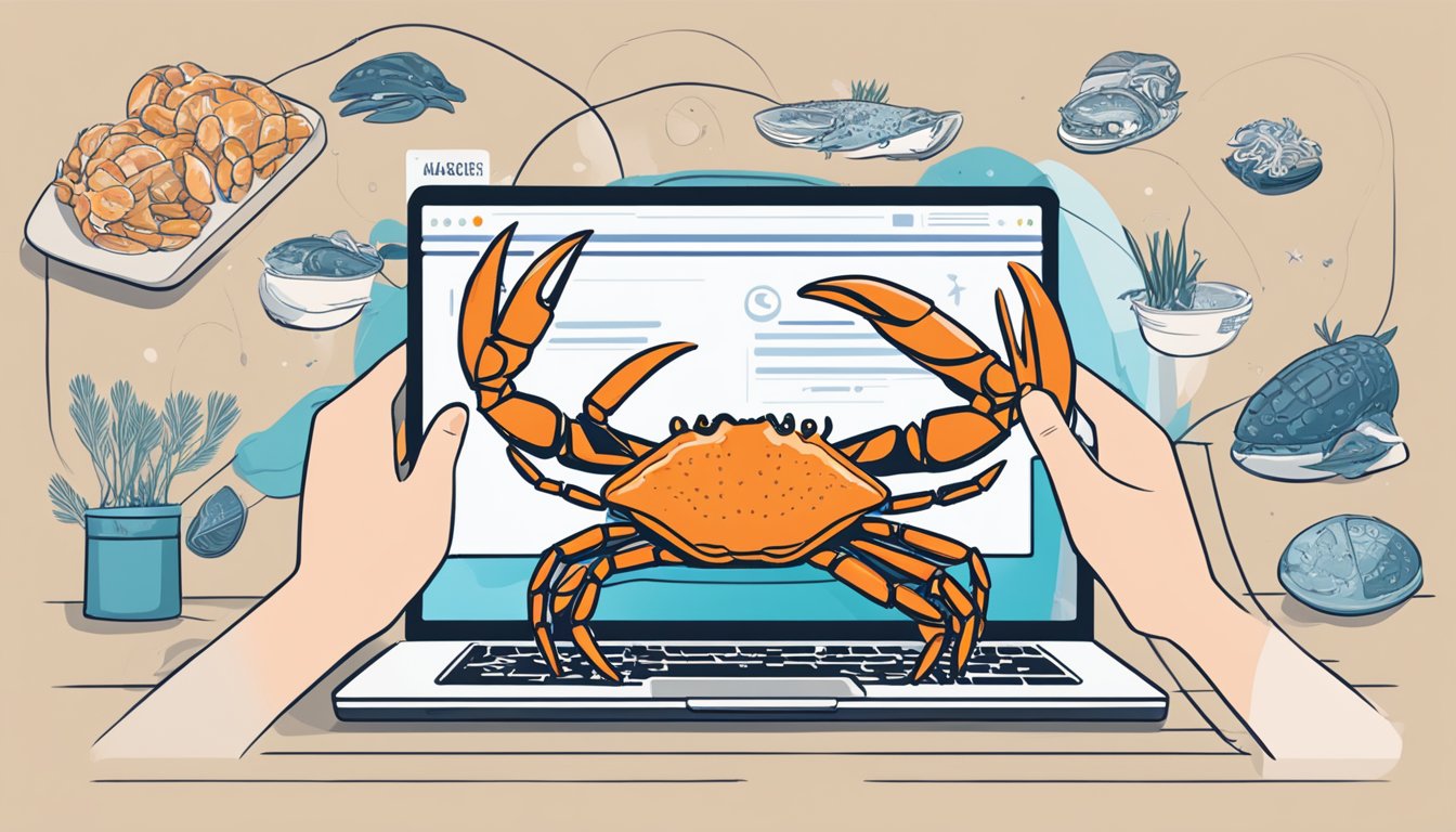 A hand reaches for a laptop, with a webpage open to buy Alaskan King Crab online. The screen displays various options and prices for the seafood