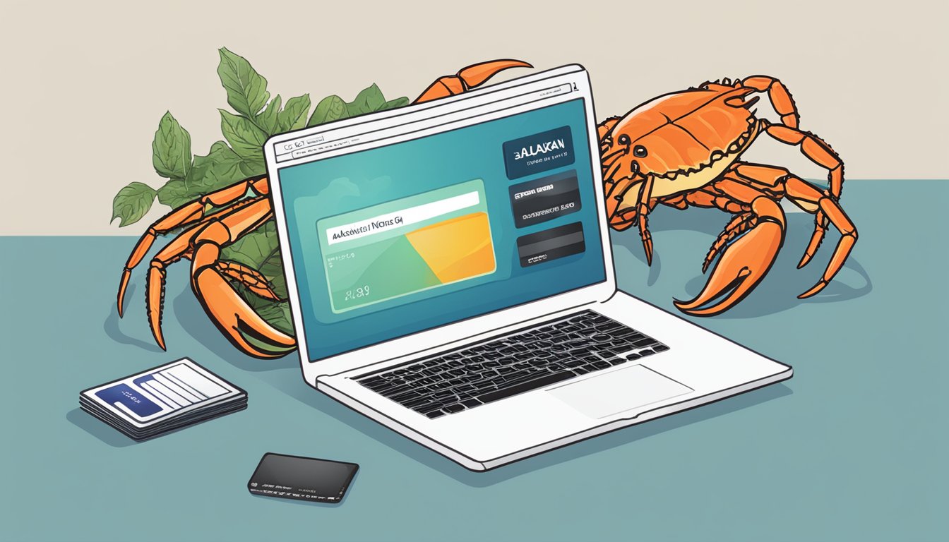 A computer screen displays a website with a "Buy Now" button for Alaskan King Crab. A credit card is placed next to the screen, ready for purchase