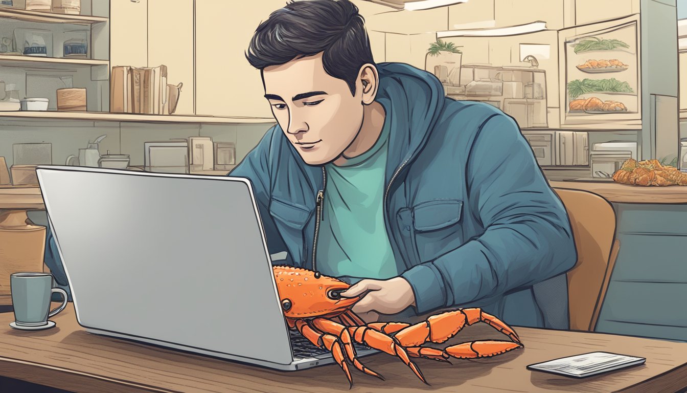 A person scrolling through a webpage with the heading "Frequently Asked Questions buy alaskan king crab online" displayed prominently