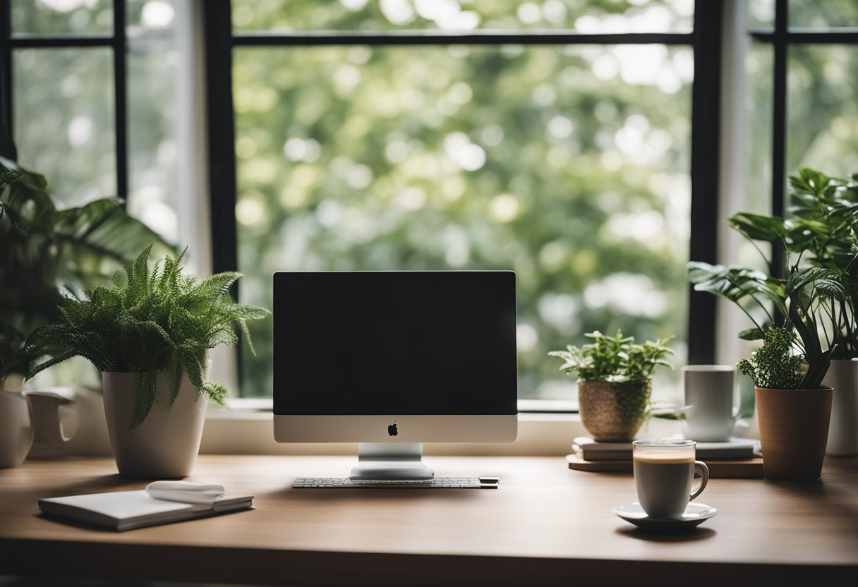 A cozy home office with a laptop, desk, and chair. A window with natural light and plants. A cup of coffee and a notebook on the desk