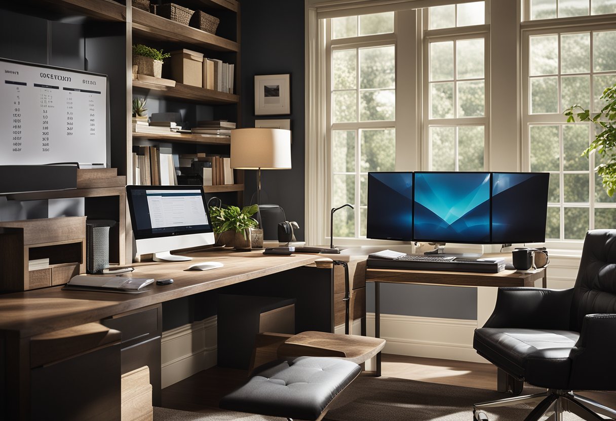 A home office setup with a computer, desk, and comfortable chair. A contract and legal documents are visible, along with a calendar and work-related materials