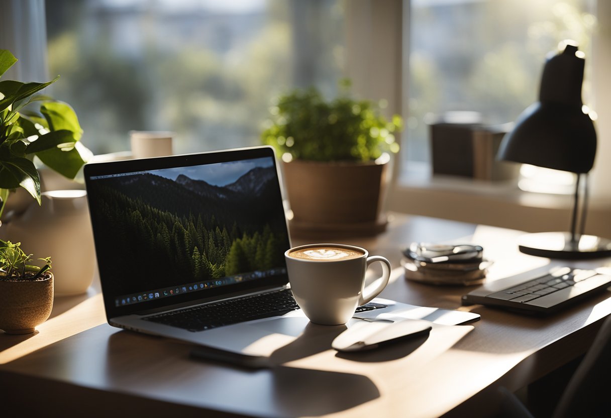 A cozy home office with a computer, desk, and comfortable chair. Natural light streams in through a window, and a cup of coffee sits on the desk