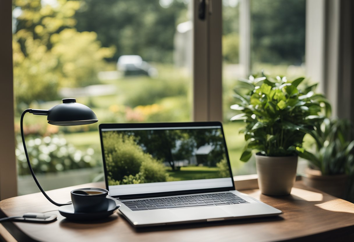 A laptop, phone, and notebook sit on a desk next to a comfortable chair. A window overlooks a peaceful garden, creating a serene work environment for part-time telecommuting