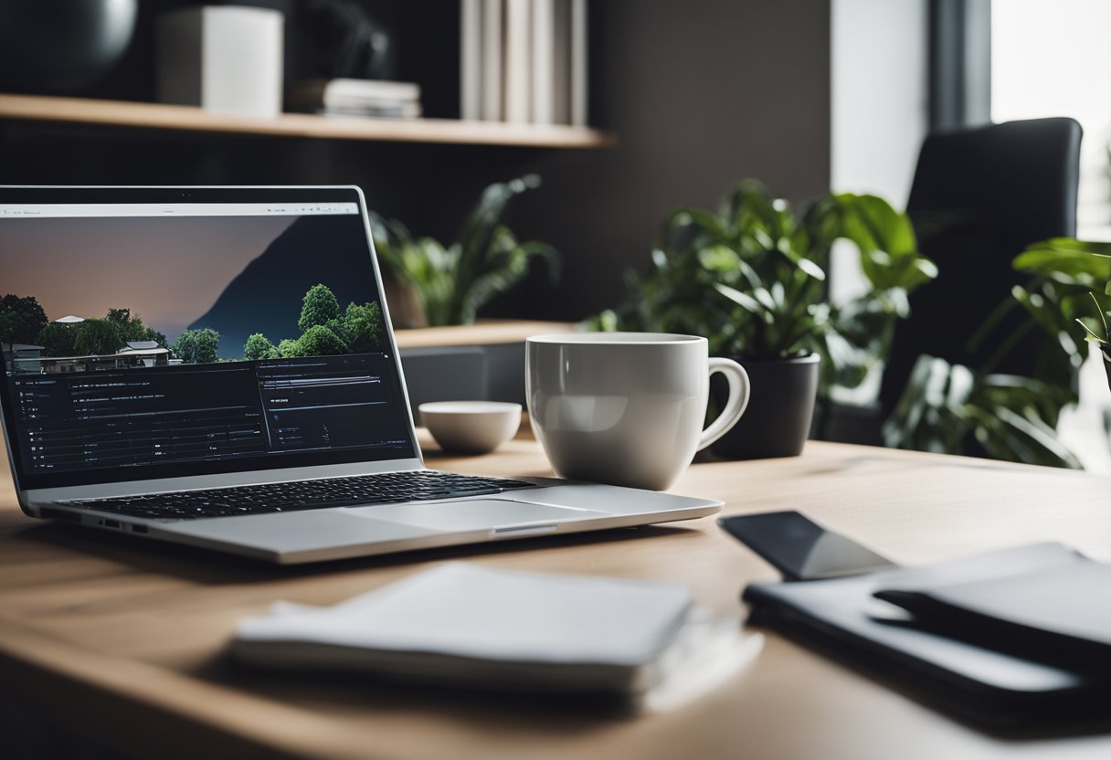 A person working at a desk with a laptop, notebook, and coffee. The background shows a home office setup with a comfortable chair and a plant