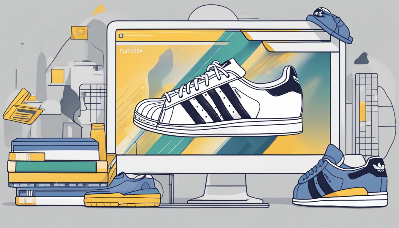 A computer screen displaying an online shopping website with a pair of Adidas Superstar shoes in the cart