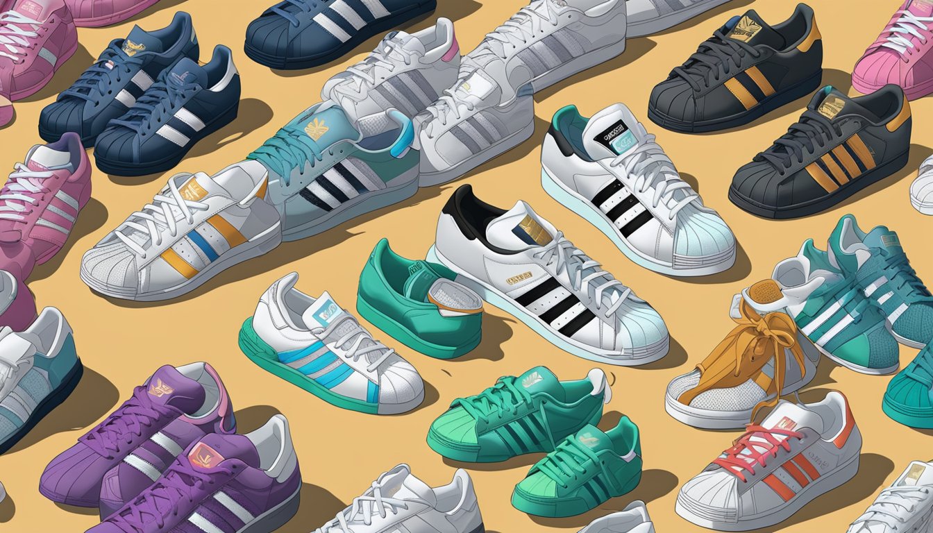 A pair of Adidas Superstar shoes is displayed prominently, surrounded by other iconic Adidas footwear