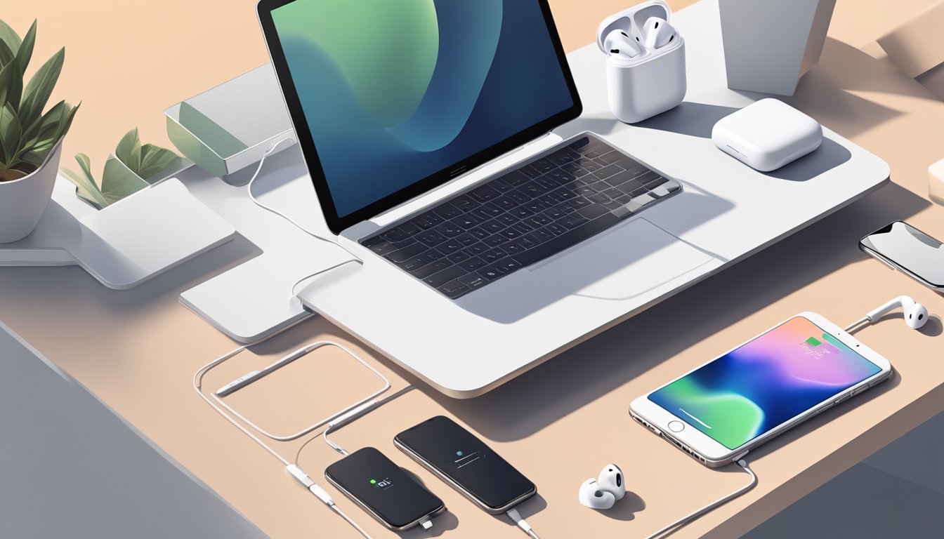 A sleek, modern desk with a laptop and phone. An open box of Apple AirPods sits next to them, with the iconic white earbuds and charging case on display