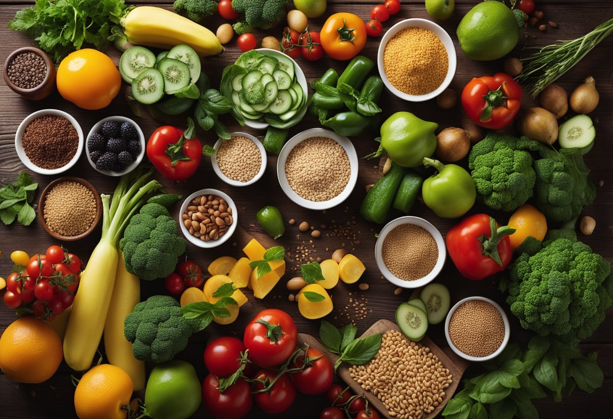 A colorful spread of fresh vegetables, fruits, and grains arranged on a rustic wooden table, with a variety of vegetarian dishes and vibrant herbs as garnish