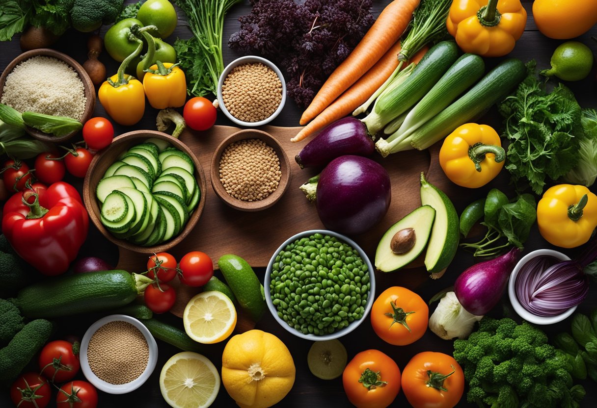 A colorful array of fresh vegetables, fruits, and grains arranged on a wooden cutting board, surrounded by cooking utensils and herbs