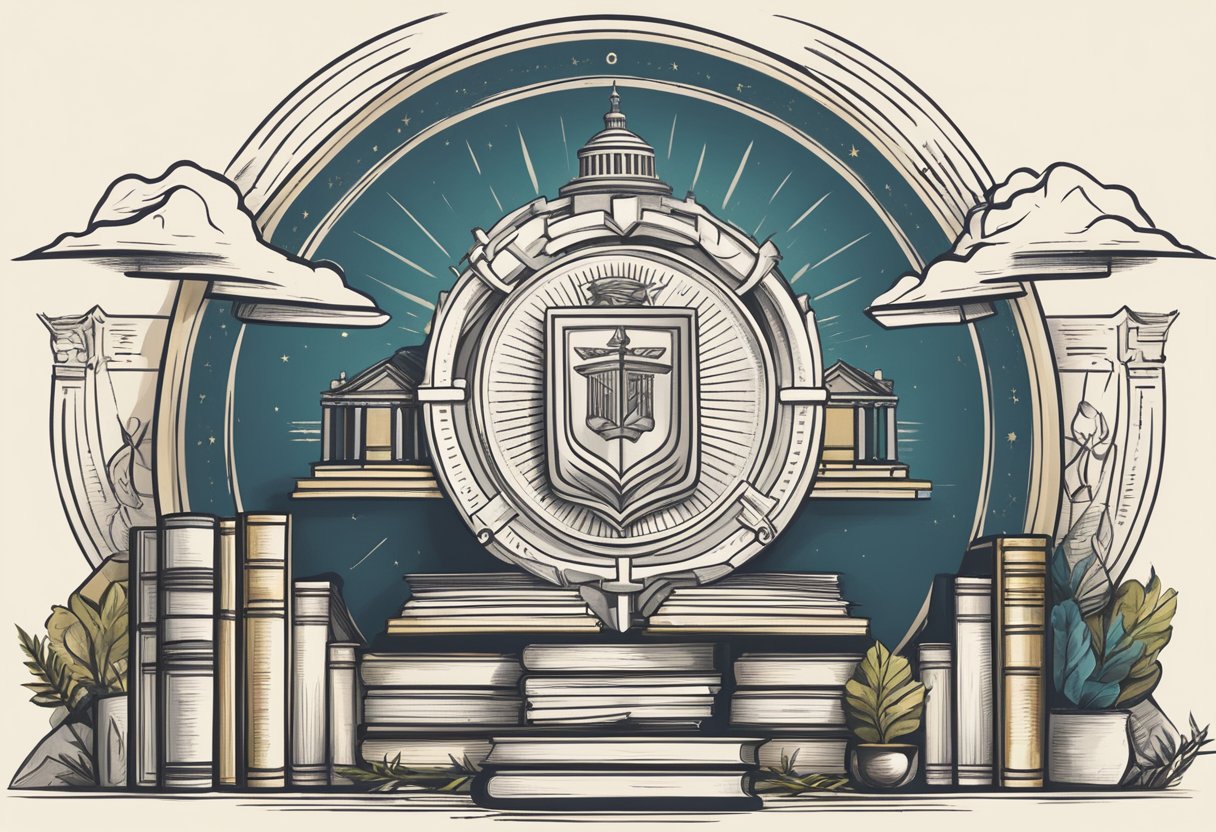 A university crest rising above a mountain of books, with a ladder symbolizing growth, and a compass representing direction and focus