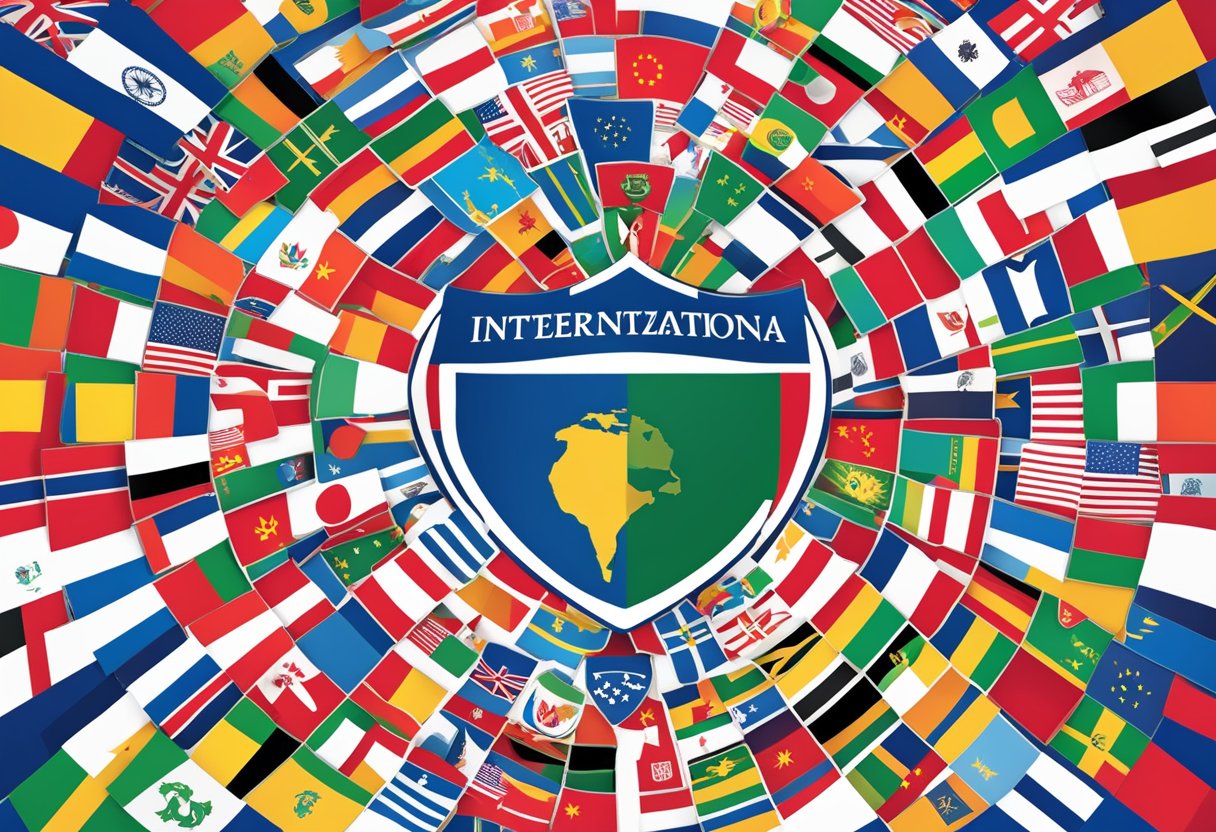 A university logo surrounded by flags from various countries, with arrows pointing upwards and the word "internationalization" in bold letters