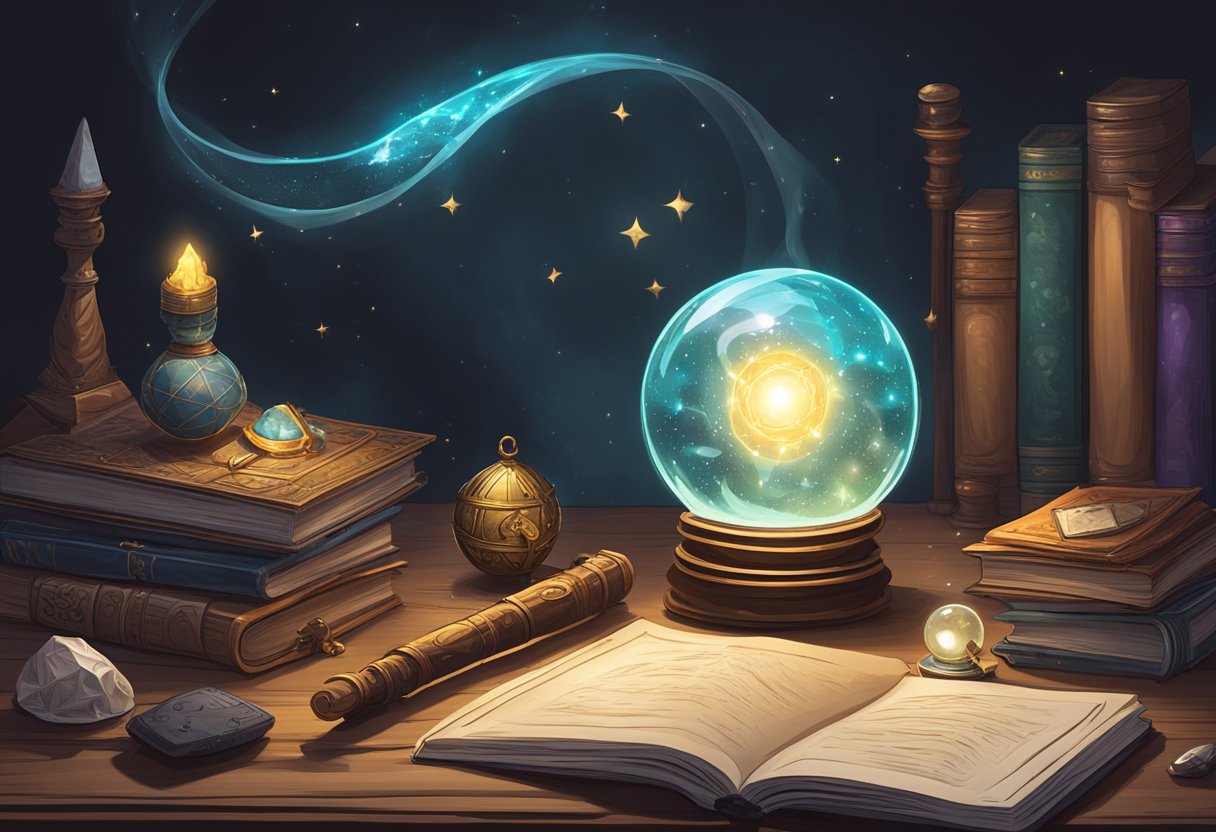 A wizard's hat and wand rest on a cluttered desk, surrounded by spell books and mystical artifacts. A glowing crystal ball sits in the center, emitting an otherworldly light