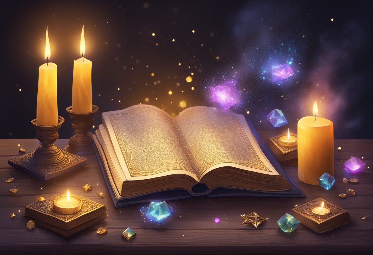 A wizard's spellbook open on a wooden table, surrounded by glowing crystals and flickering candles, as a magical tome floats in the air