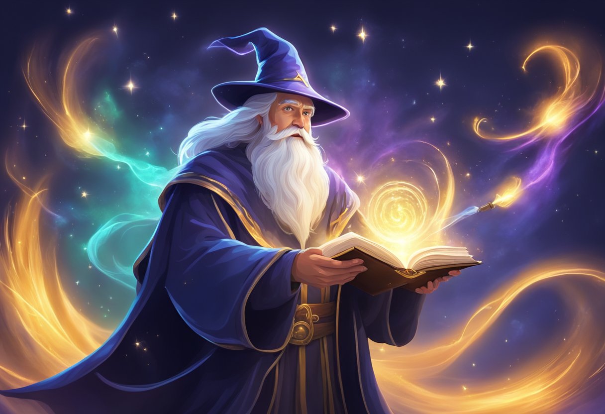 A wizard stands in front of a glowing book, surrounded by swirling magical energy. A wand hovers in the air as the wizard practices casting spells