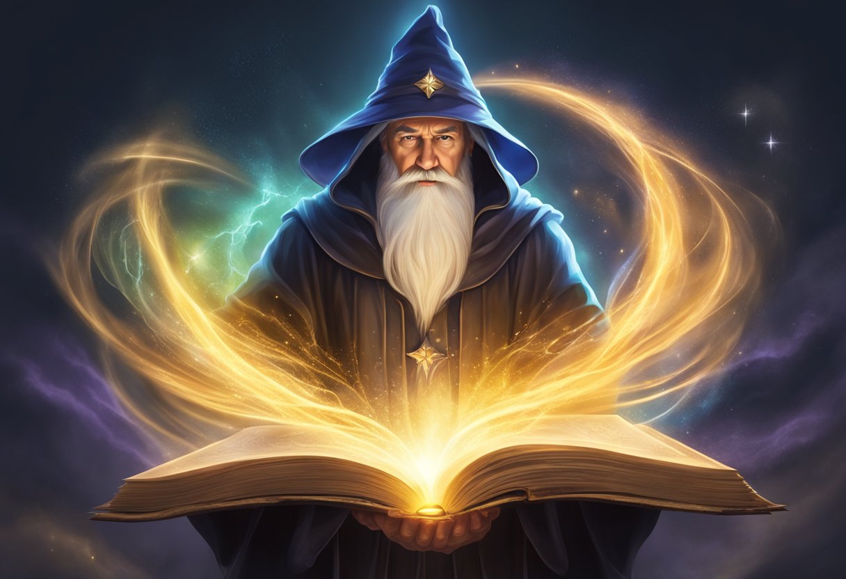 A wizard stands in front of a glowing spellbook, surrounded by swirling magical energy, casting a powerful spell