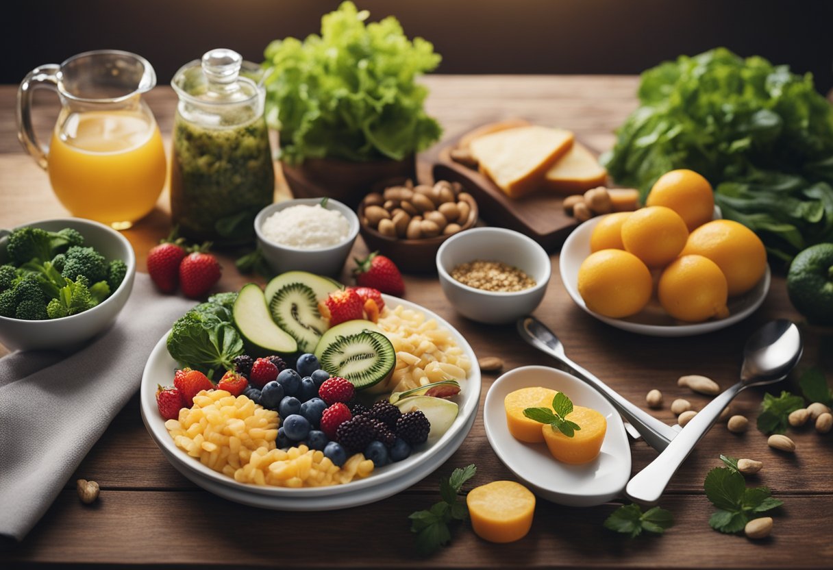 A table with a variety of healthy foods and portion control tools, such as measuring cups and plates, surrounded by a calm and peaceful environment