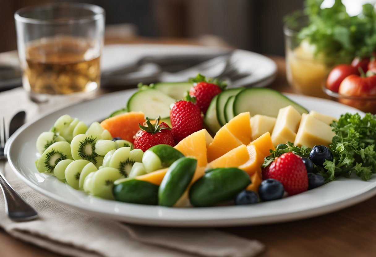 A balanced meal on a plate, surrounded by fresh fruits and vegetables. A glass of water sits next to the plate. The setting is a peaceful and cozy dining area with natural light streaming in