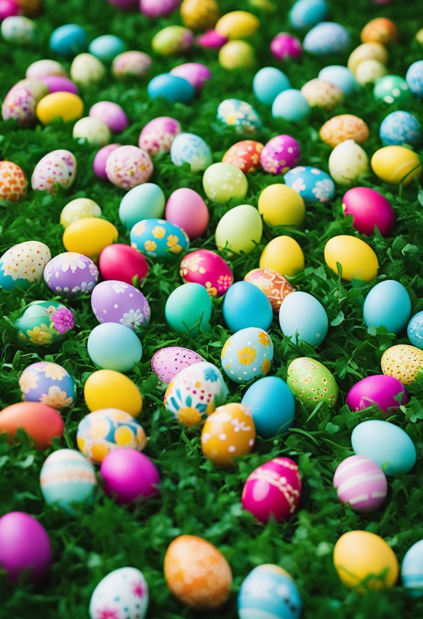 Colorful Easter eggs scattered in a lush green park, with families enjoying picnics and children participating in egg hunts and games